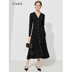 Amii Minimalism New Dresses For Women Elegant Vneck Button Sashes Black Dress Winter Knitted Dress Female Maxi Dress 12140968