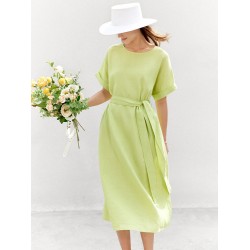 AMII Minimalist Women Dress 2023 Summer New 100% Linen Niche Fashion Artistic Temperament O-Neck Dresses Vestidos 12342278