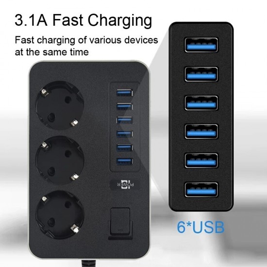 
EU Plug AC Outlet Power Strip Multiprise Smart Home Extension Cord Electrical Socket 6 USB Port 3.1A Phone Charge Network Filter
