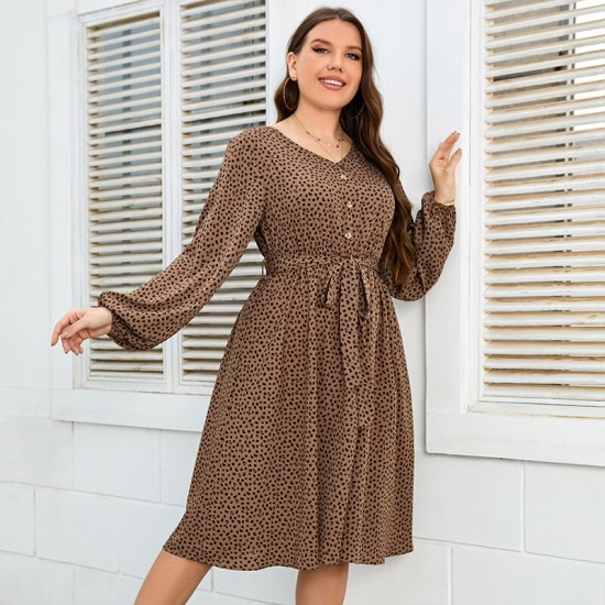 KEBY ZJ Plus Size Spots Print Lantern Sleeve Midi Dresses For Women 2022 Spring Fall V Neck Button Casual A-line Belted Dress