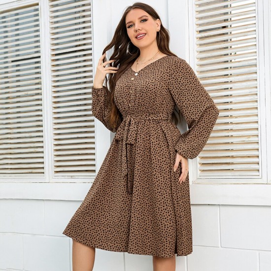 KEBY ZJ Plus Size Spots Print Lantern Sleeve Midi Dresses For Women 2022 Spring Fall V Neck Button Casual A-line Belted Dress