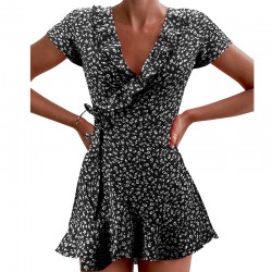 Dress Summer Women's Flowy A-line Sweet Elegant Floral Ruffle V Neck Bandage Short Dress Ladies Chic Floral Mini Dress