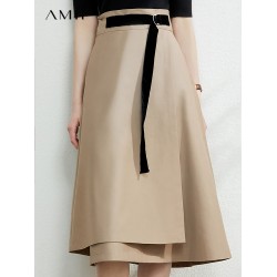 AMII Minimalism Autumn Fashion Solid Belt Women Skirt Causal High Waist Aline Irregular Hem Female Skirt 12040091