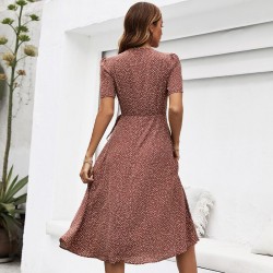 KEBY ZJ Elegant Floral Print Hem Slit Dresses Women Summer Dress 2022 New Sweet V-Neck Waist Halt Short Sleeve A-Line Midi Dress