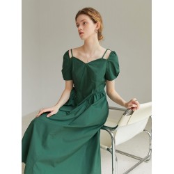 FSLE Loose Waist A-line Temperament Women Dress 2022 Summer New Style Pleated Slim Green Solid V-Neck Short Sleeve Dress