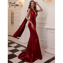 Missord Sexy Deep V-Neck Evening Party Satin Dress Sleeveless Summer Maxi Women Prom Self Tie Plunging Halterneck Fishtail Dress