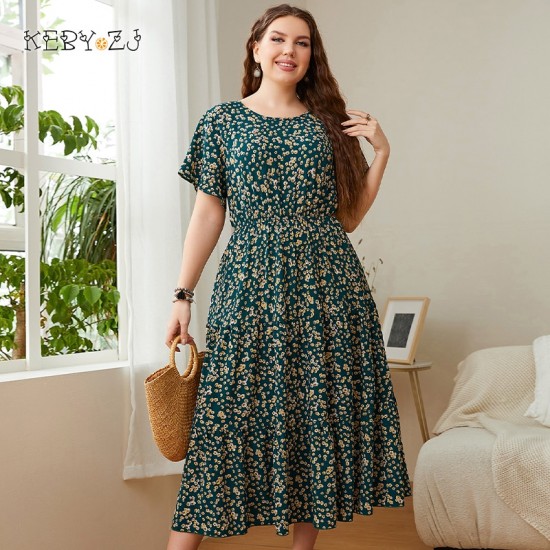 KEBY ZJ Big Size Women's Clothing Dress Summer O-Neck Floral Print Midi Dresses Urban Elegant Casual Ladies Plus Size Long Dress