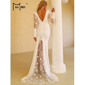 Missord Contrast Floral Embroidery Mesh Floor Length Wedding Dress Without Veil White summer Women Maxi Female Parti bridesmaid