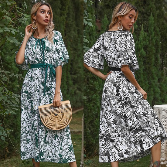 Chic Women's Skirt Beach Super Long Women's Retro Printed Bohemian Lotus Leaf Sleeve Dress A-line Elegant Belt Vacation Xl