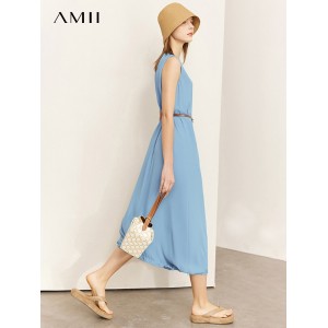 
AMII Minimalism Straight Chiffon Women's Dress Sleeveless Fashion O Neck Sundress Black Long Vestidos Female Clothing 12342299
