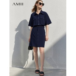 AMII Minimalism Women's Dresses French 2023 Spring SHIRT DRESS Solid Green Office Lady V Neck Casual Female Vestidos 12240533