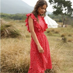 2021 Summer New Women's Polka Dot Printed Dress Women's Casual Butterfly Sleeve Ruffled Mid-length Chiffon Dress