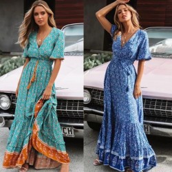 Women's Long Dress Vintage Chic Fashion Floral V Neck Viscose Cotton Panel Ladies Summer Boho Beach Fringe Dress