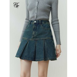 FSLE Women High Waist Denim Skirts Retro Pleated Design Mini Skirt 2023 Spring Above-Knee Denim Blue A-LINE Women Skirt