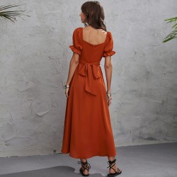 KEBY ZJ Women's Summer Long Dress Chiffon Short Sleeve Solid Color Backless Party Dresses Casual Slim A-Line Maxi Robe Vestido