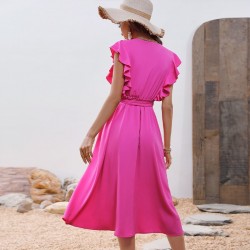 KEBY ZJ Summer Women's Dress Fashion Sexy Midi V-neck Ruffle Sweet Rose Red Polyester Long Dress 2022 New Style Free Shipping