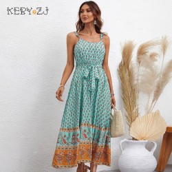 KEBY ZJ Summer Dress Women Bohemia Sleeveless Print Floral Slip Dress Ladies Beach Vacation A-Line Casual Maxi Dress Vestido