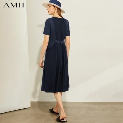AMII Minimalism Spring Summer Fashion Pleated Vneck Women Dress Causal Loose Caual Spliced Design Female Dress 12040259
