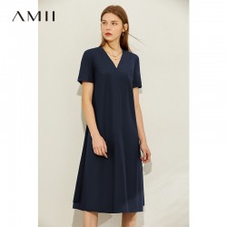 AMII Minimalism Spring Summer Fashion Pleated Vneck Women Dress Causal Loose Caual Spliced Design Female Dress 12040259