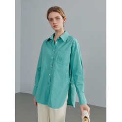 FSLE Polo Collar Full Drop Sleeve Casual Loose Straight Shirts Office Lady Pocket Design Cotton Solid Spring Shirt