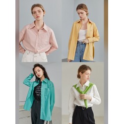 FSLE Polo Collar Full Drop Sleeve Casual Loose Straight Shirts Office Lady Pocket Design Cotton Solid Spring Shirt