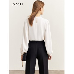 AMII Minimalism Chiffon Blouses Autumn 2022 Hollow Out Lantern Sleeve Fashion French Style Temperament Clothing Tops 12241107