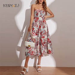 KEBY ZJ Summer Long Dresses Women Elegant Casual Slim Sleeveless Red Floral Printed Midi Dress Beach Vestidos Dress Party