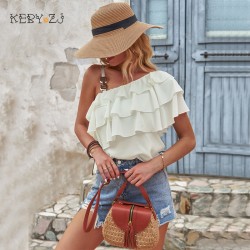 KEBY ZJ Off Shoulder Blouse For Women Summer Short-Sleeved White Casual Chiffon Shirt Sweet Slim Shirts Girls Tops