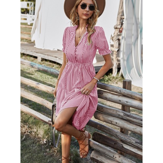 2022 Summer Women's Striped Dress Casual Short-sleeved Fringed Temperament Mid-length Summer V-neck Button Dress Women