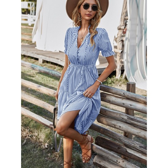2022 Summer Women's Striped Dress Casual Short-sleeved Fringed Temperament Mid-length Summer V-neck Button Dress Women