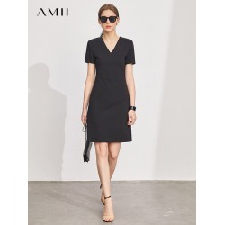 AMII Minimalism Dresses for Women Fashion 2022 Summer Pullover Vneck Office Lady Elegant Vestidos Black Female Dresses 12230213